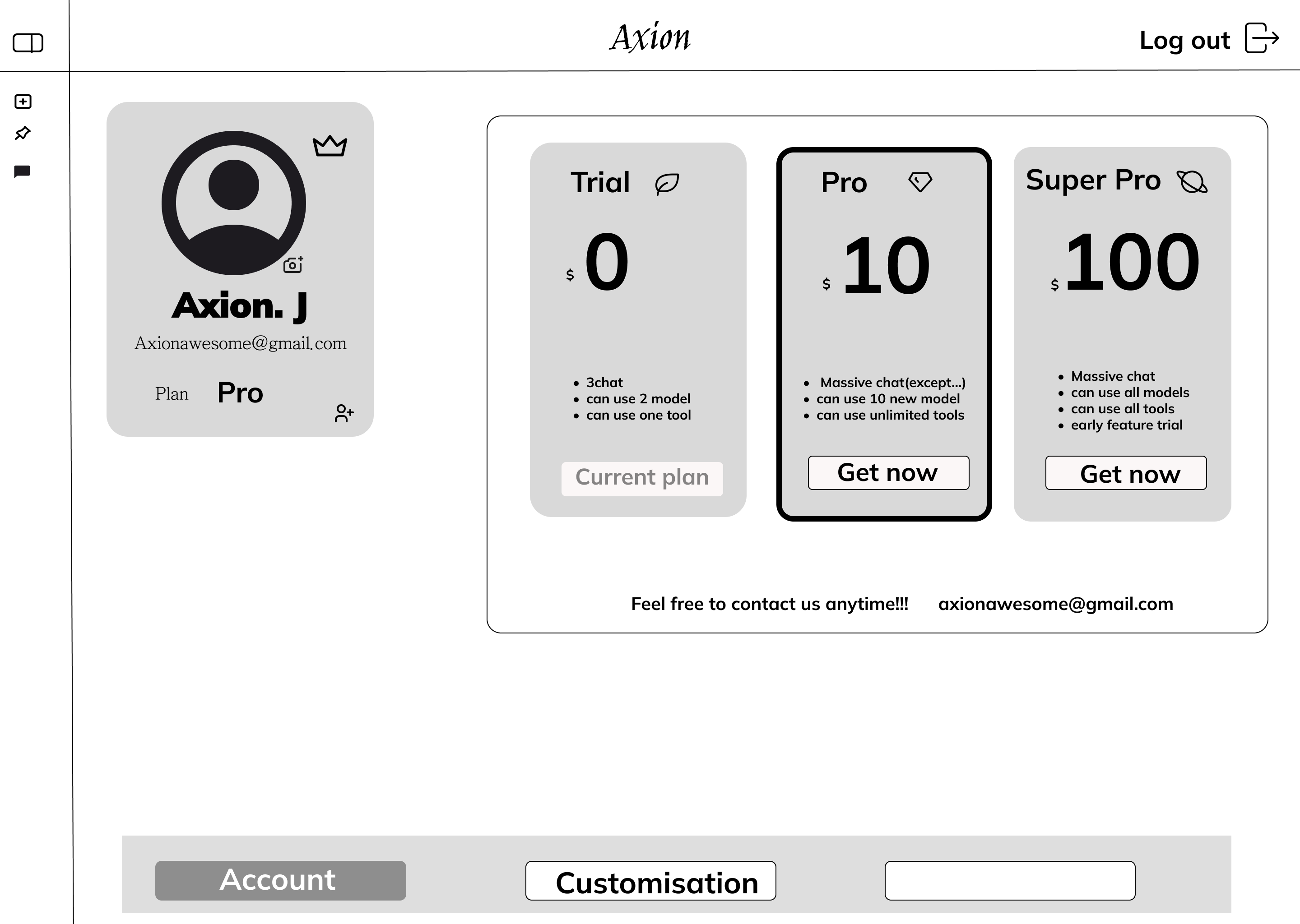 Axion wireframe - Pricing and account settings interface