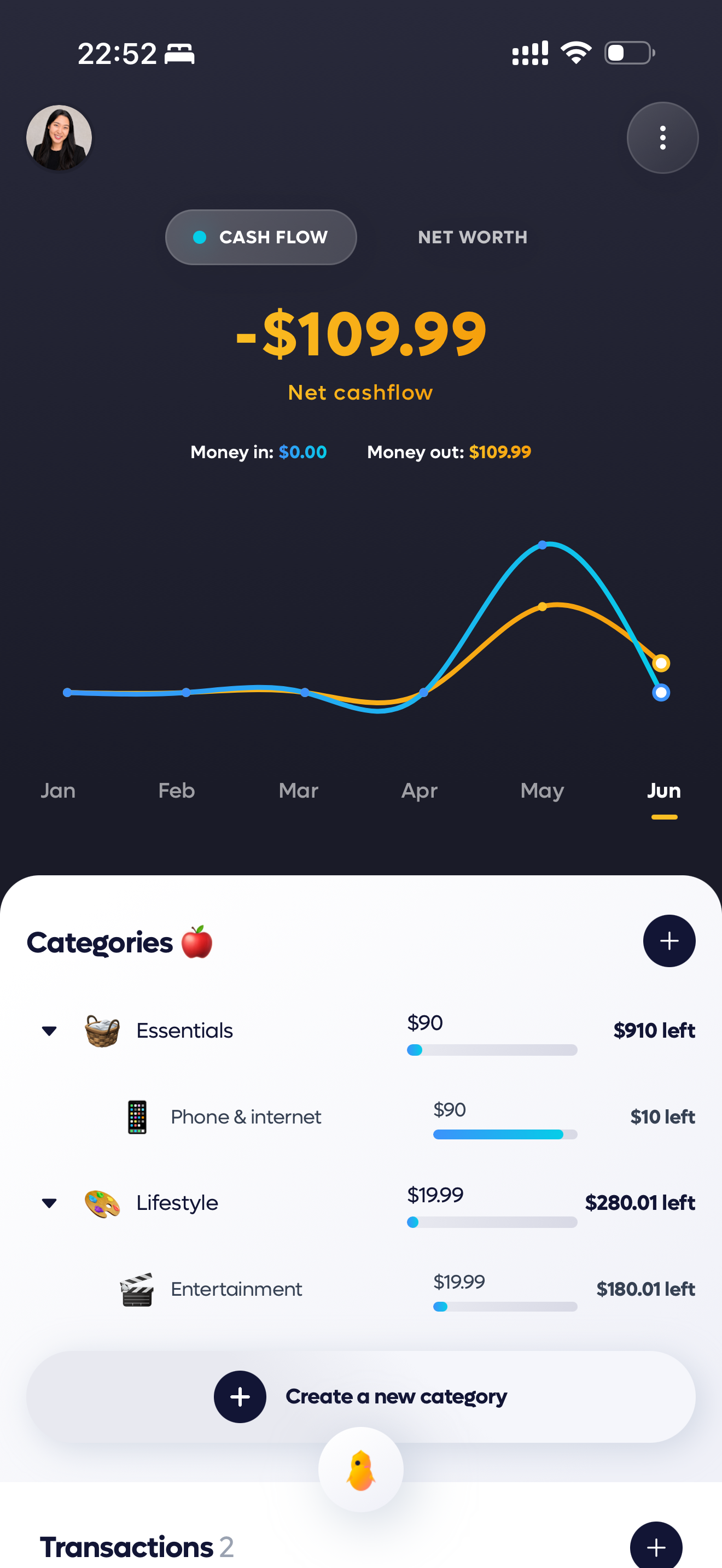 Cash Flow screen showing -$109.99 net cashflow with dual-line chart and budget categories