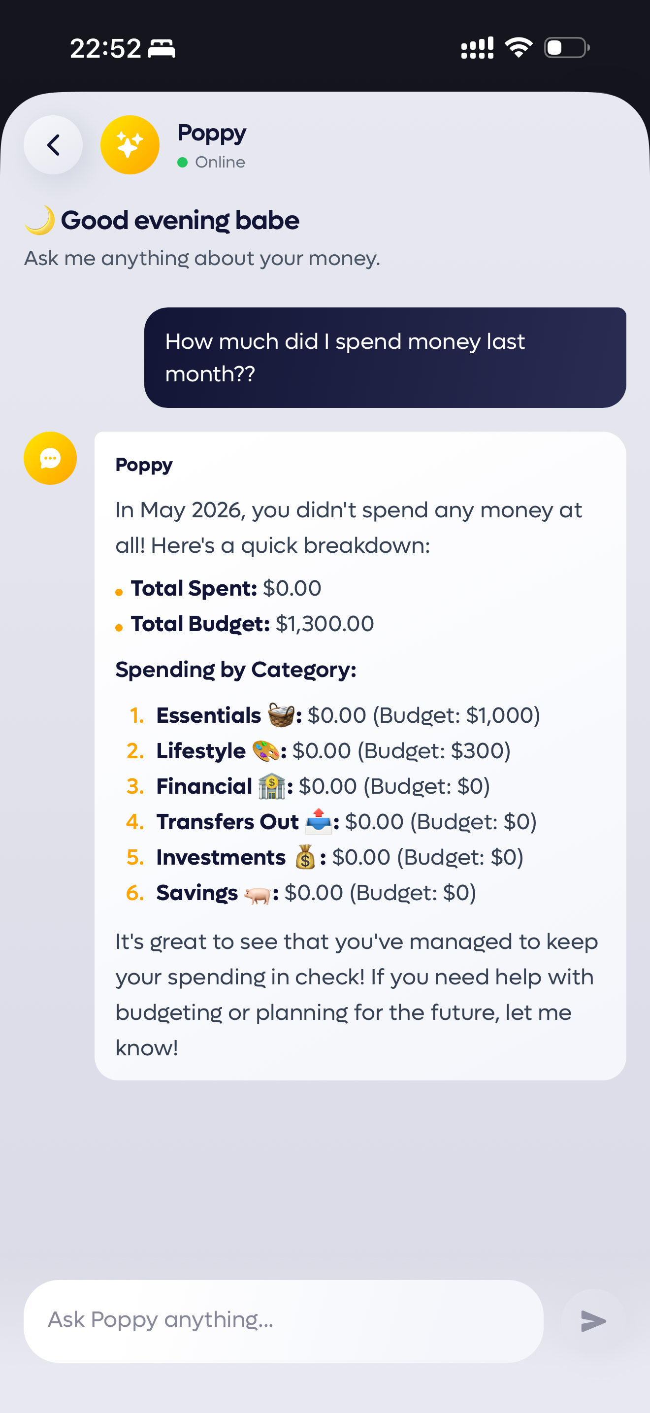 Poppy AI assistant chat interface with spending breakdown by category