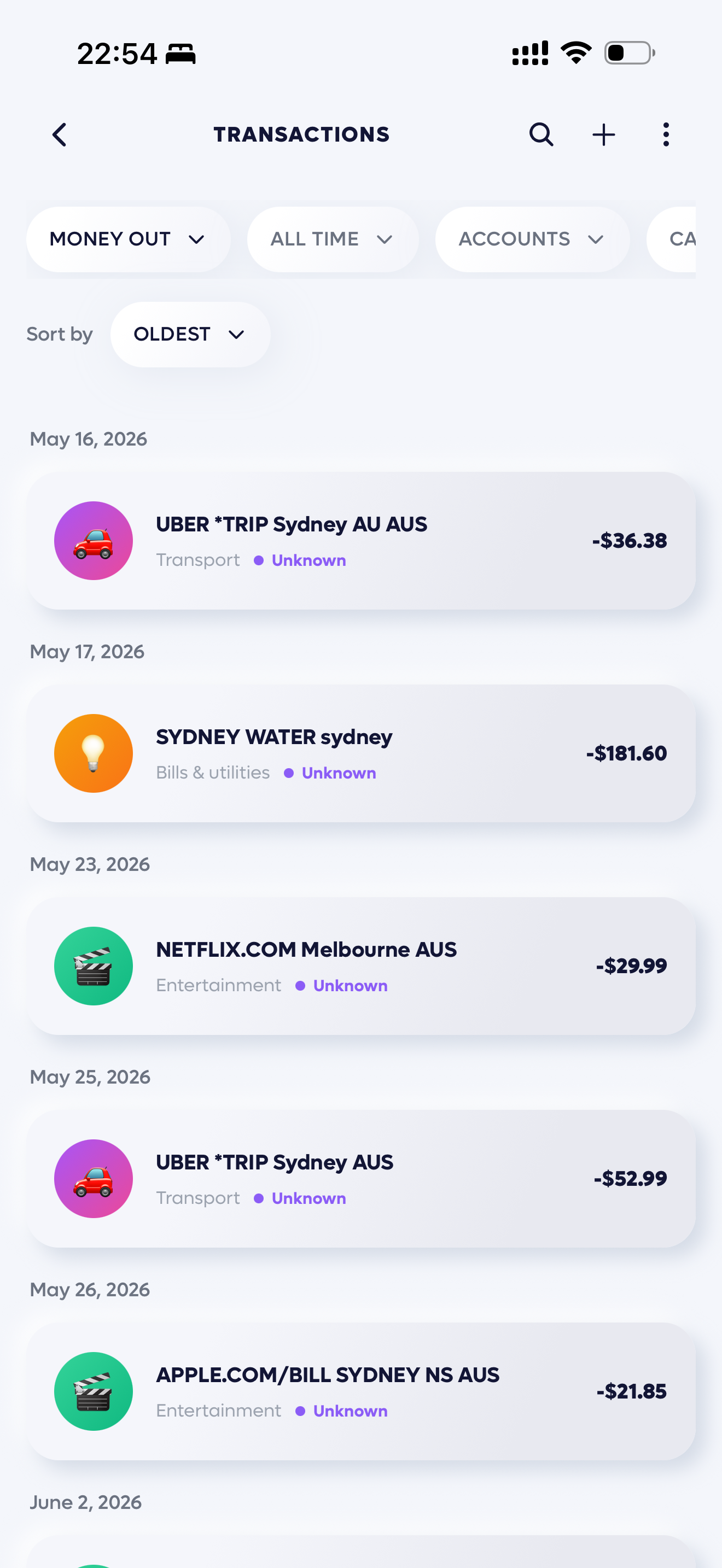 Transactions list filtered by Money Out with dates and merchant categories